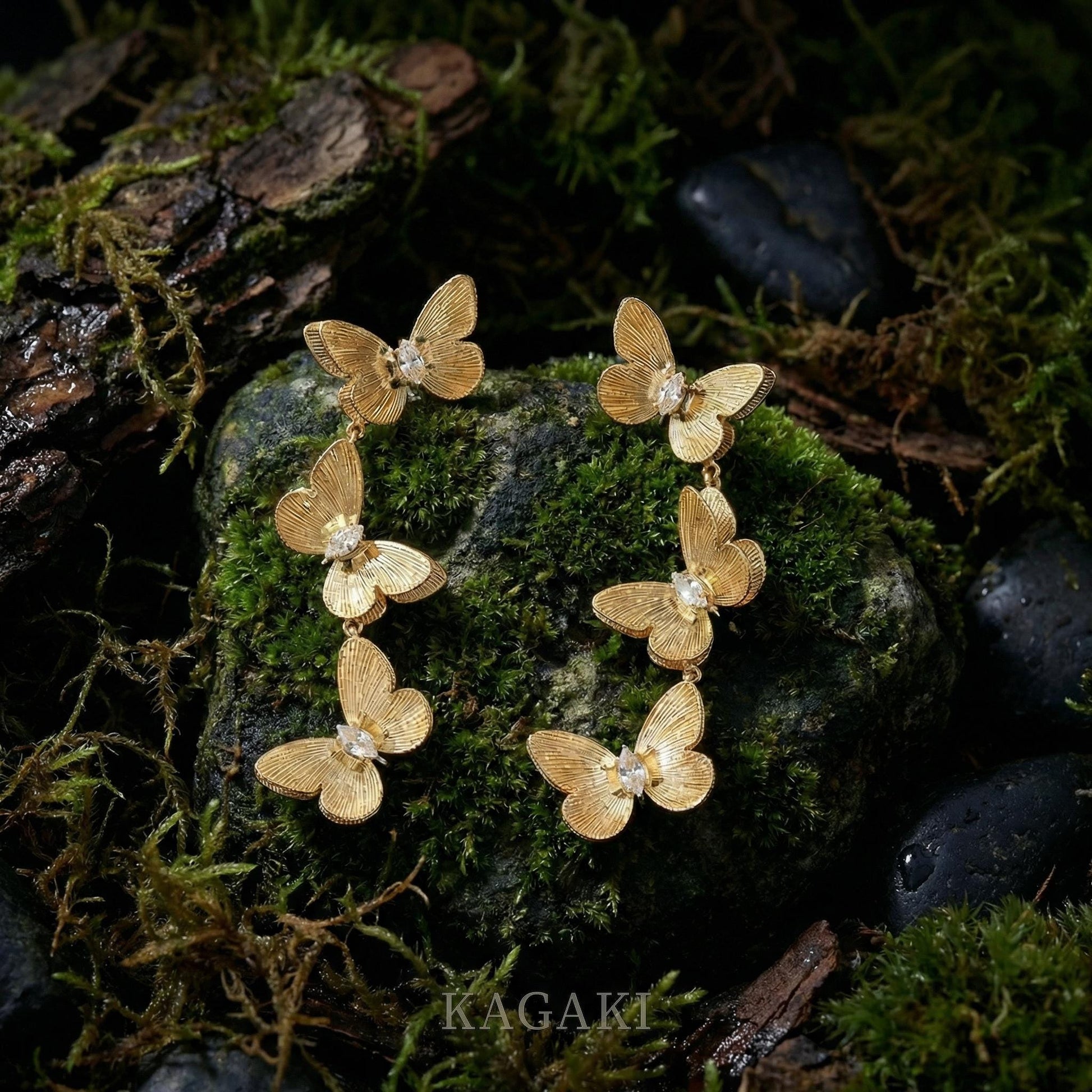 KAGAKI golden butterfly drop earrings in gold, flat lay, for daily wear and gifting