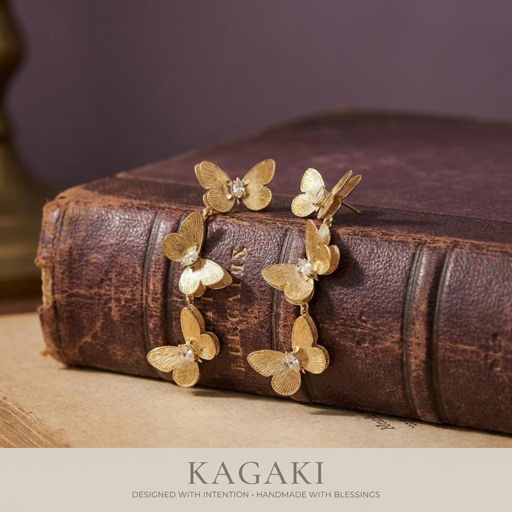 KAGAKI golden butterfly drop earrings in gold, gift packaging, for daily wear and gifting