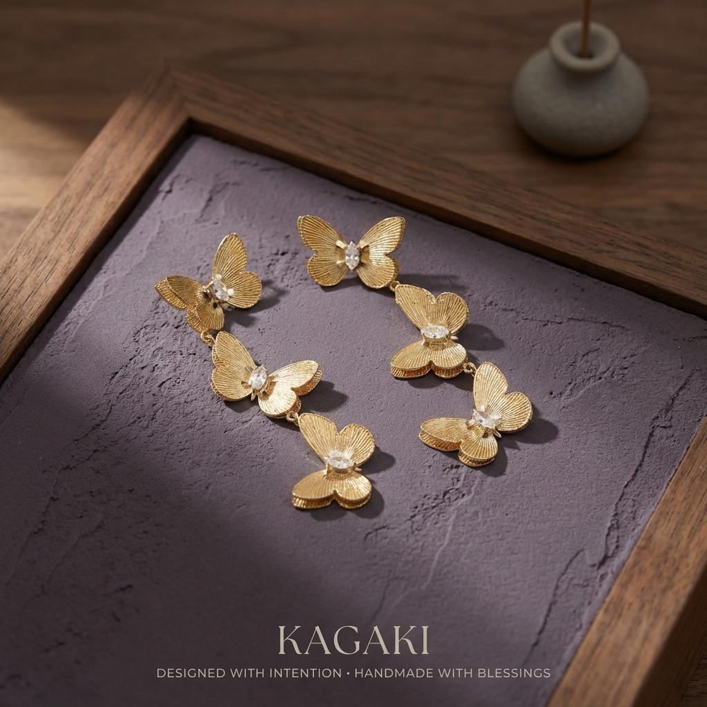KAGAKI golden butterfly drop earrings in gold, main, for daily wear and gifting
