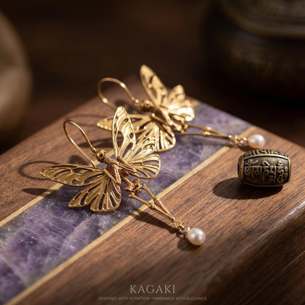 KAGAKI gothic butterfly skull earrings in gold, pearl, dark accents, gift packaging, for daily wear and gifting