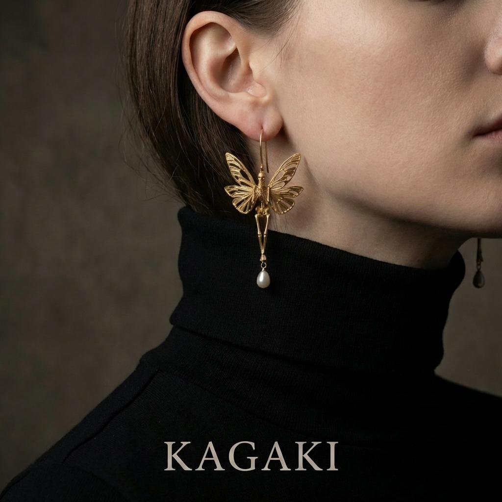 KAGAKI gothic butterfly skull earrings in gold, pearl, dark accents, material detail, for daily wear and gifting