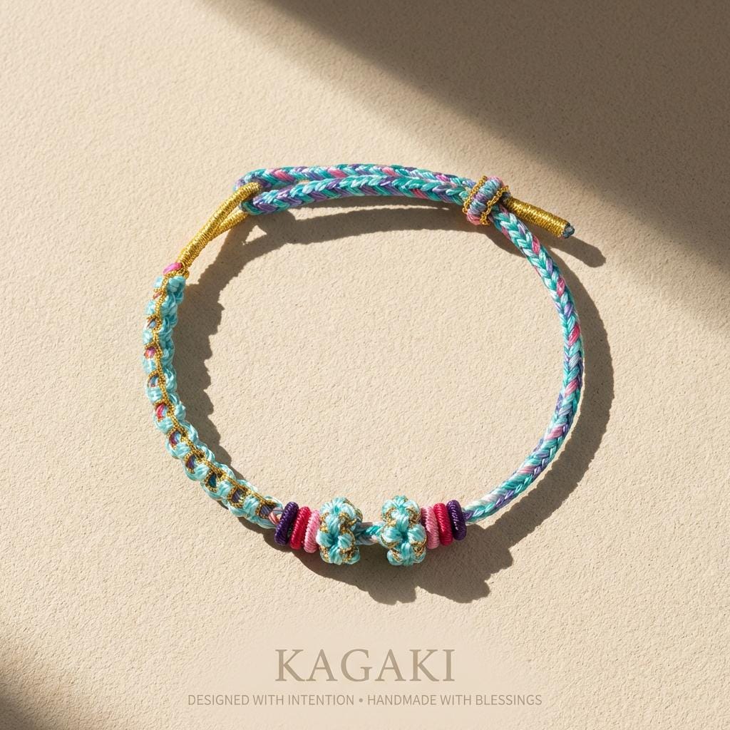 KAGAKI handwoven Tibetan cord bracelet in multicolor cotton with paired knots, handmade gift packaging presentation, charm-friendly for daily intention and gifting