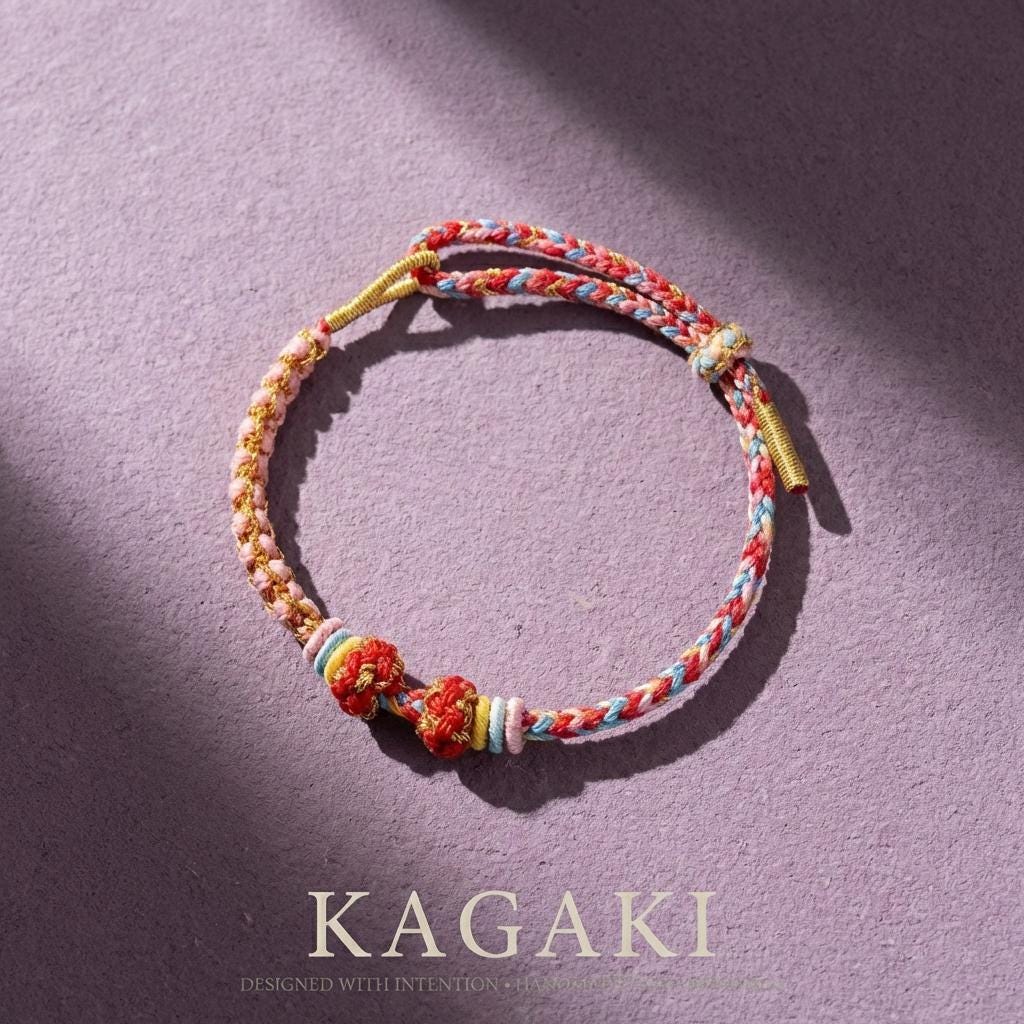 KAGAKI handwoven Tibetan cord bracelet in multicolor cotton with paired knots, close-up handwoven knot detail, charm-friendly for daily intention and gifting