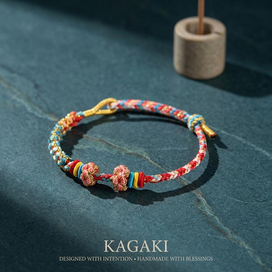 KAGAKI handwoven Tibetan cord bracelet in multicolor cotton with paired knots, main product view, charm-friendly for daily intention and gifting