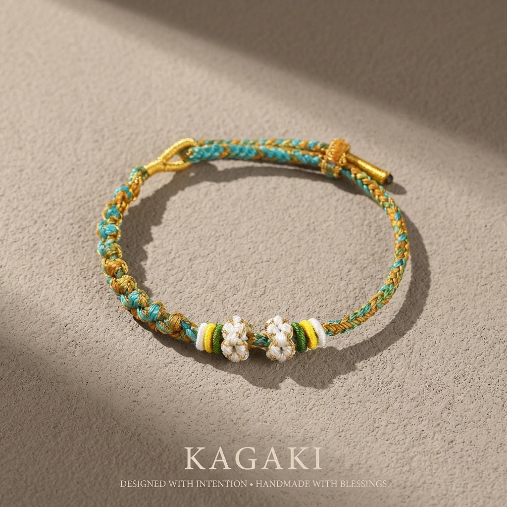 KAGAKI handwoven Tibetan cord bracelet in multicolor cotton with paired knots, packaging close-up detail, charm-friendly for daily intention and gifting