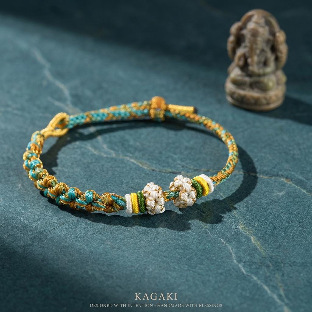 KAGAKI handwoven Tibetan cord bracelet in multicolor cotton with paired knots, scale reference shown on hand, charm-friendly for daily intention and gifting