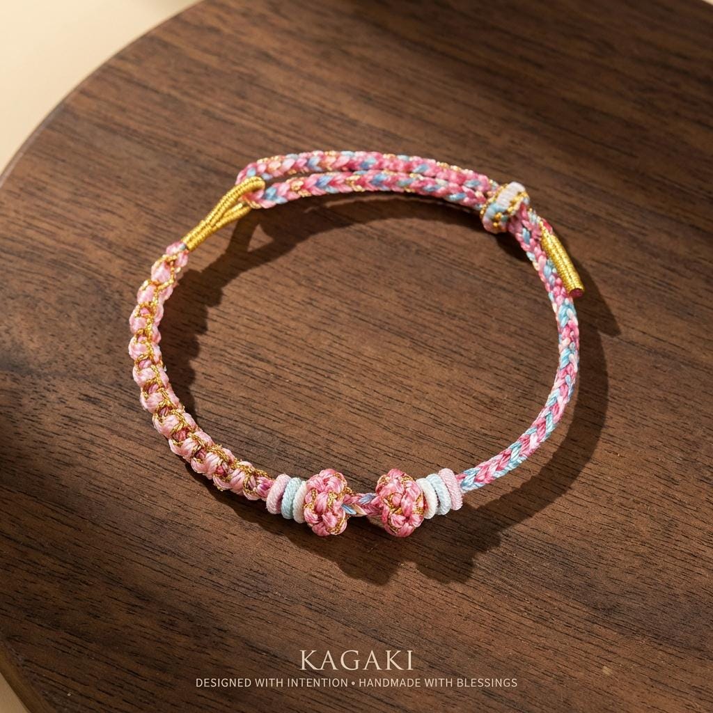 KAGAKI handwoven Tibetan cord bracelet in multicolor cotton with paired knots, color variation showcase, charm-friendly for daily intention and gifting