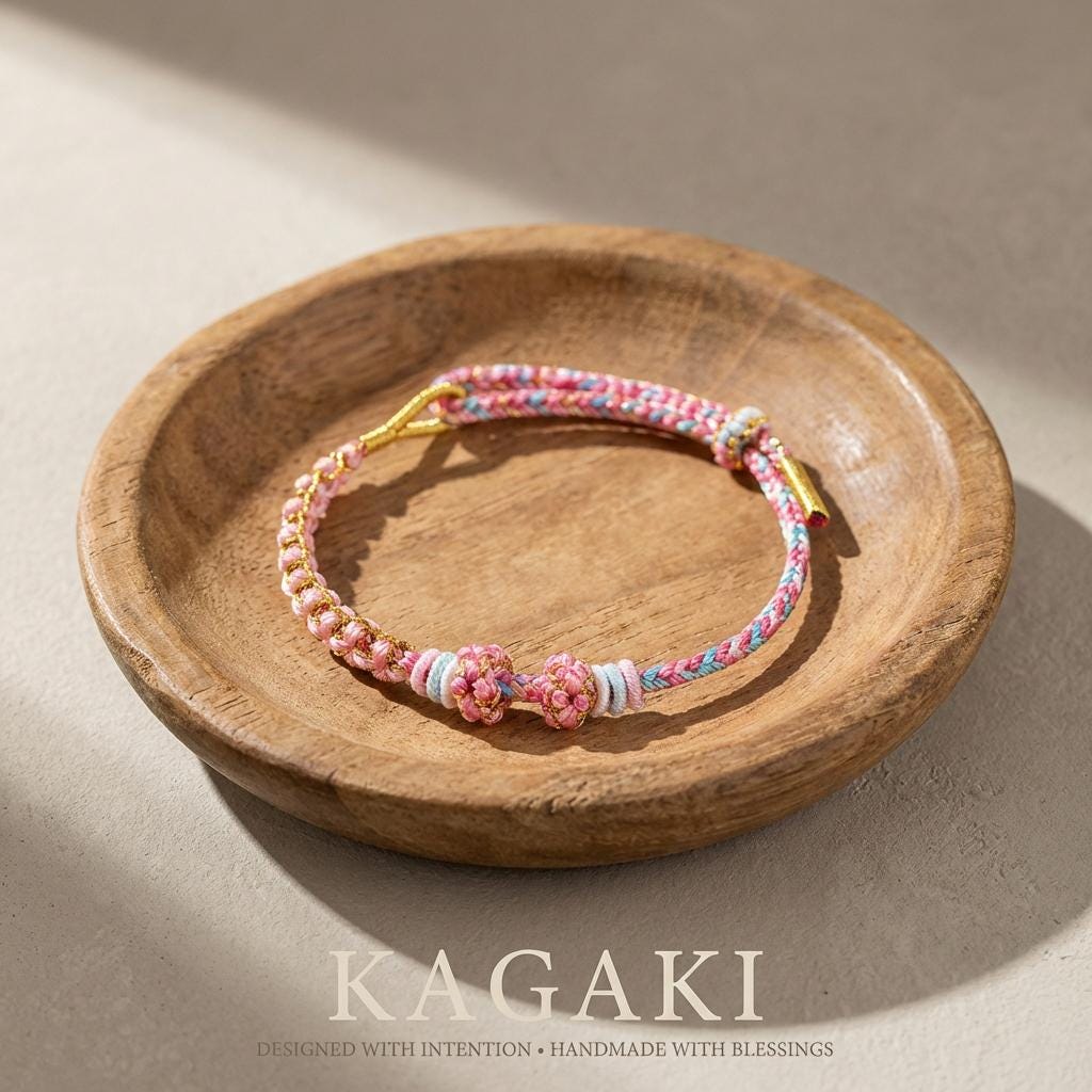 KAGAKI handwoven Tibetan cord bracelet in multicolor cotton with paired knots, cord weave texture detail, charm-friendly for daily intention and gifting