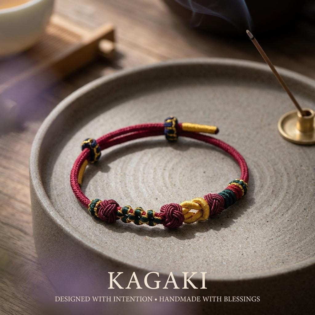 KAGAKI himalayan tibetan cord bracelet in multicolor, alternate angle, for meditation and daily intention
