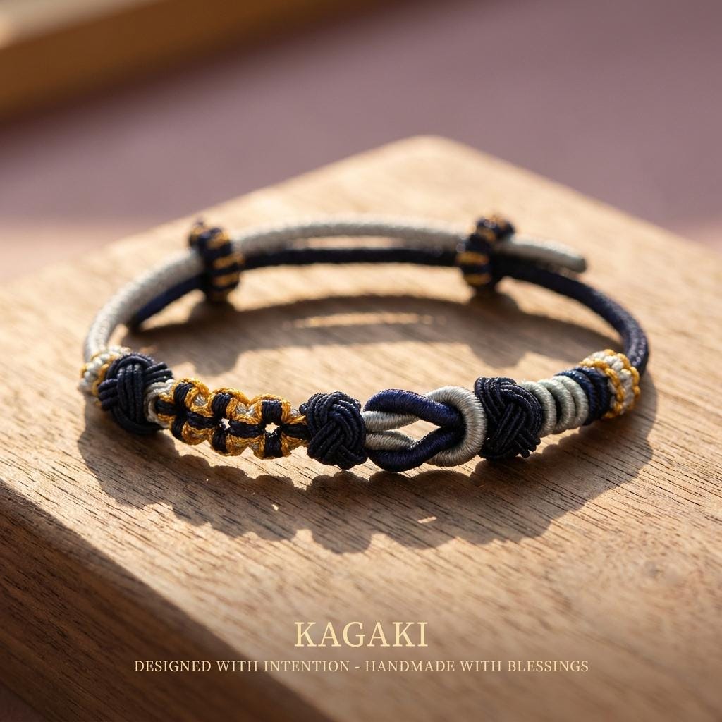KAGAKI himalayan tibetan cord bracelet in multicolor, flat lay, for meditation and daily intention