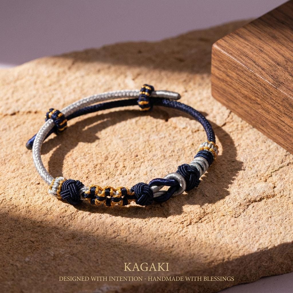 KAGAKI himalayan tibetan cord bracelet in multicolor, on wrist, for meditation and daily intention
