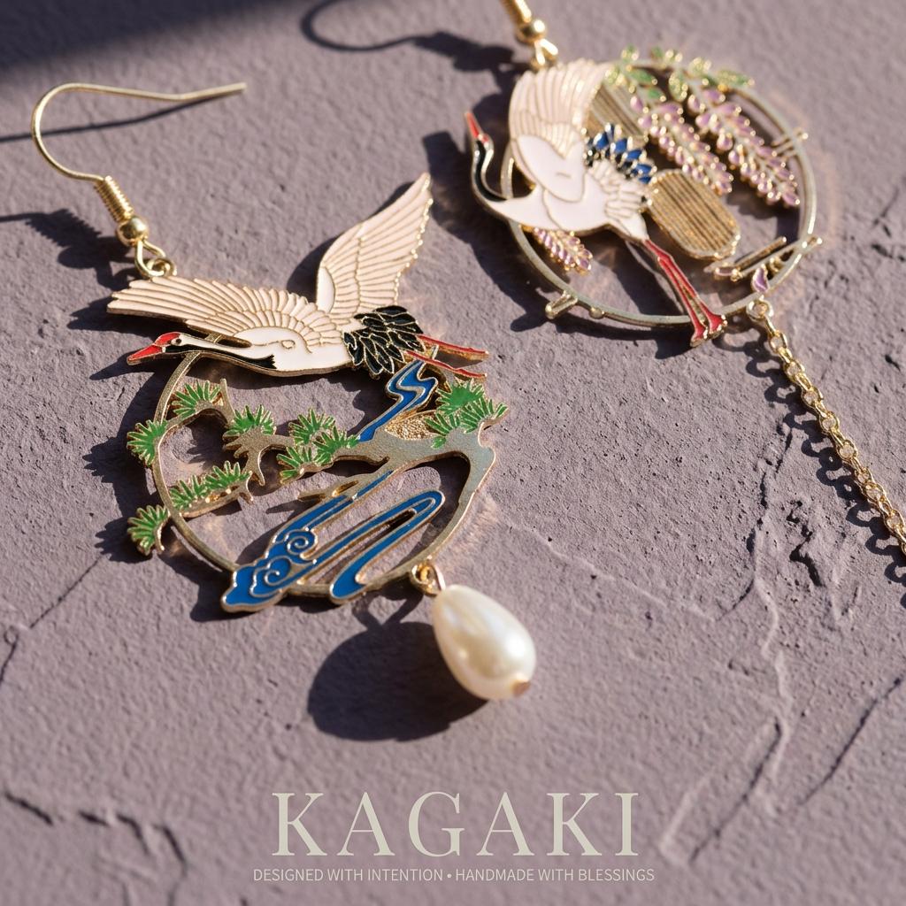 KAGAKI japanese crane sakura wisteria earrings in pearl with sakura pink and wisteria purple, alternate angle, for daily wear and gifting
