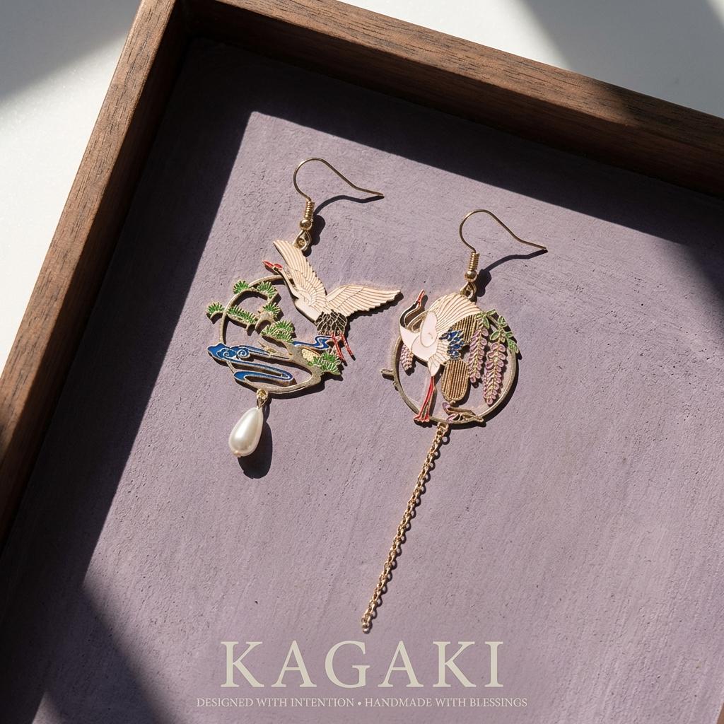 KAGAKI japanese crane sakura wisteria earrings in pearl with sakura pink and wisteria purple, flat lay, for daily wear and gifting