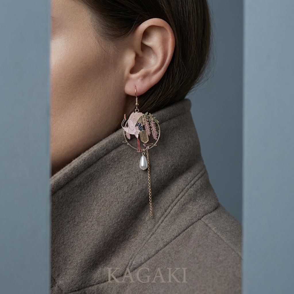 KAGAKI japanese crane sakura wisteria earrings in pearl with sakura pink and wisteria purple, gift packaging, for daily wear and gifting