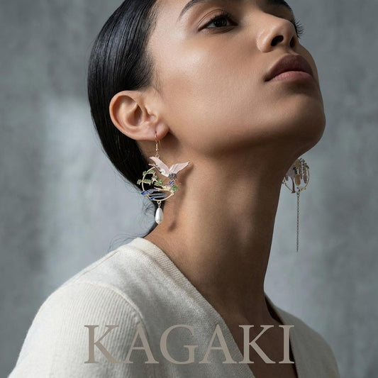 KAGAKI japanese crane sakura wisteria earrings in pearl with sakura pink and wisteria purple, main, for daily wear and gifting