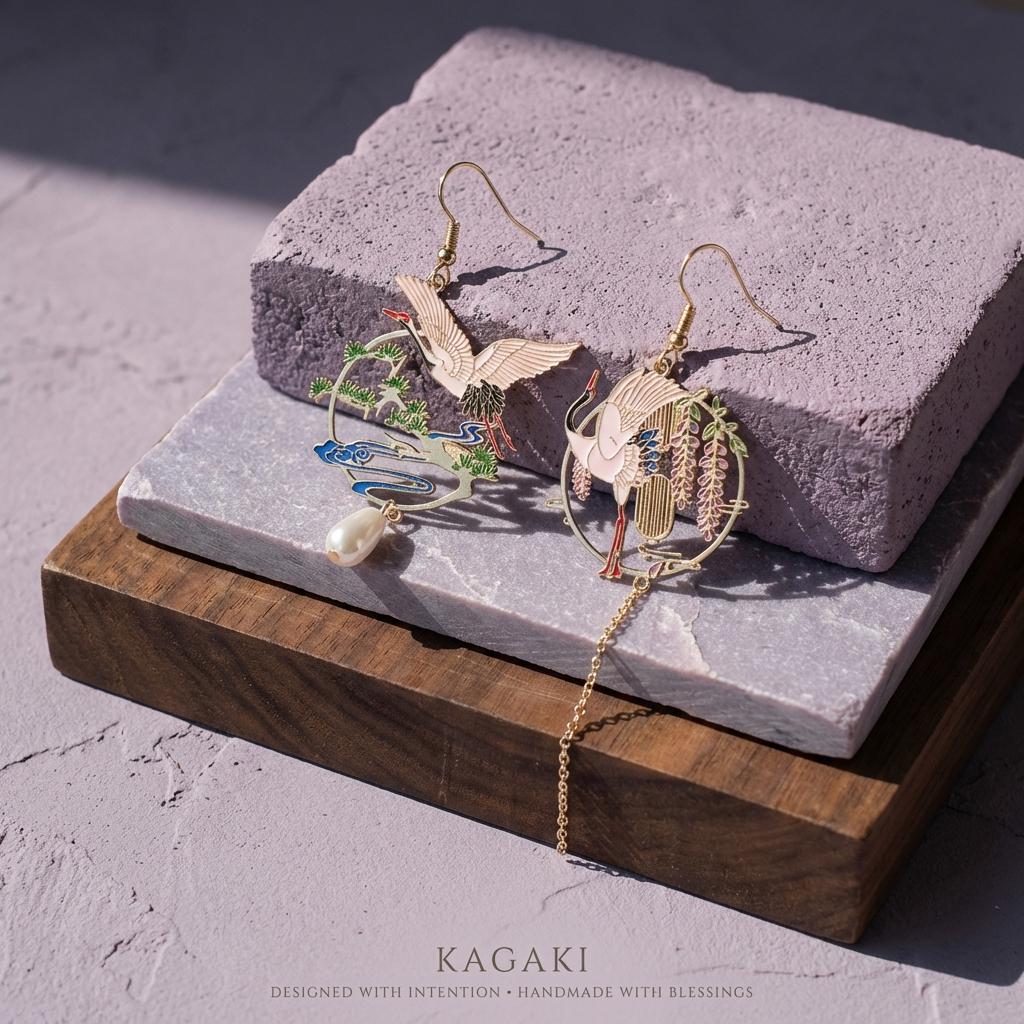 KAGAKI japanese crane sakura wisteria earrings in pearl with sakura pink and wisteria purple, material detail, for daily wear and gifting