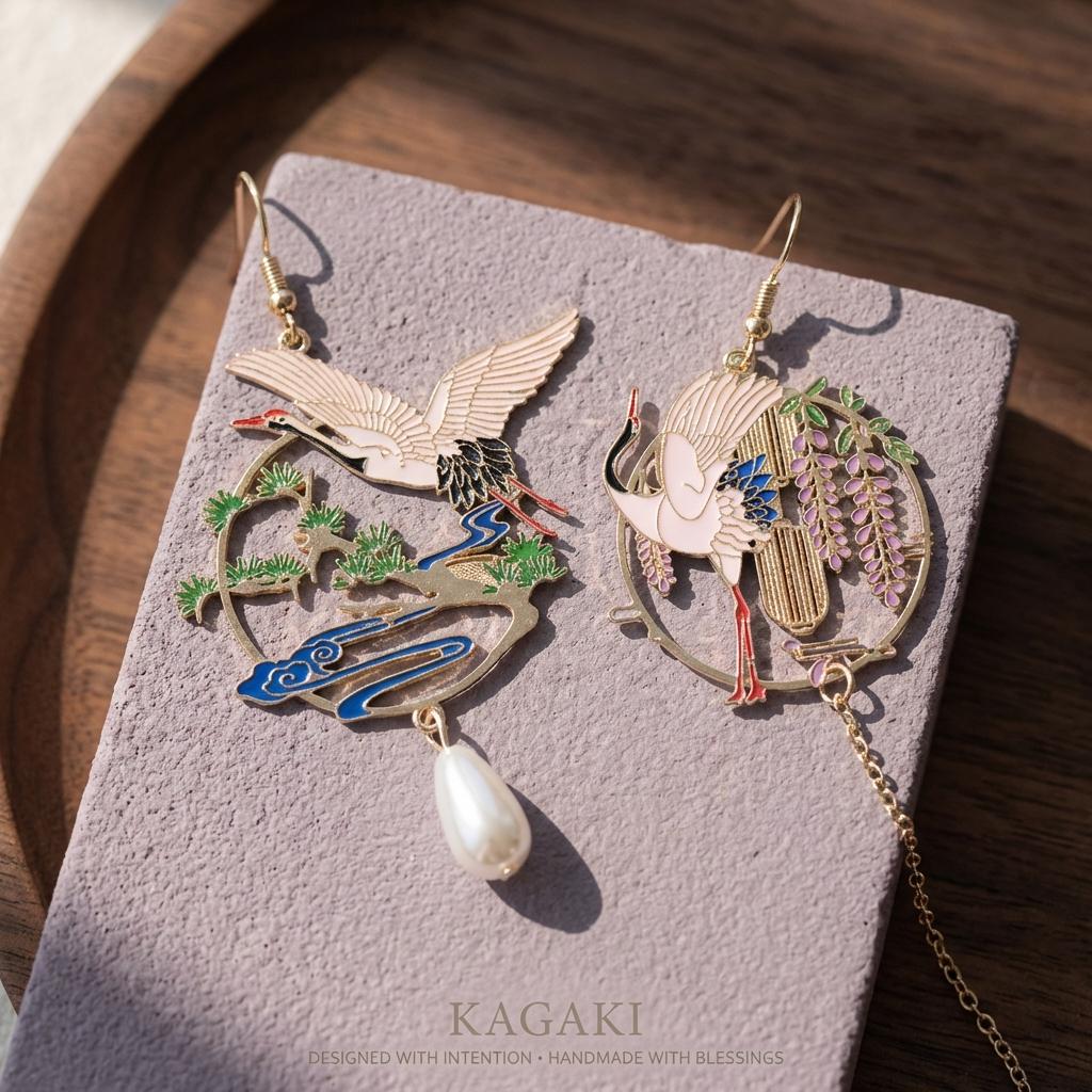KAGAKI japanese crane sakura wisteria earrings in pearl with sakura pink and wisteria purple, on ear, for daily wear and gifting