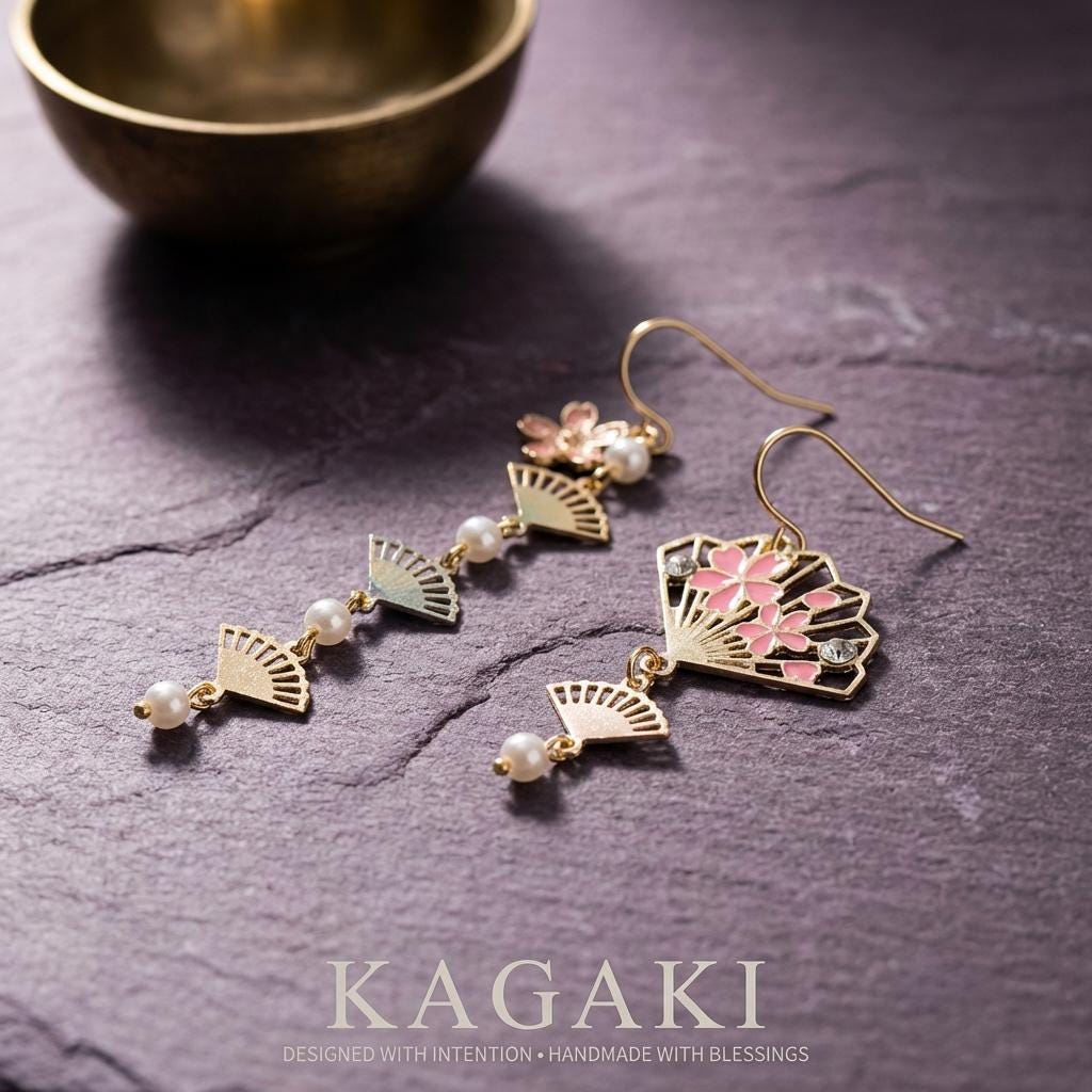KAGAKI japanese fan sakura pearl earrings in pink sakura with pearl, alternate angle, for daily wear and gifting