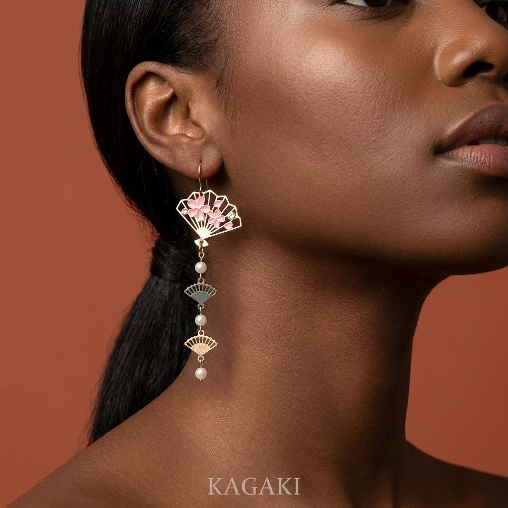 KAGAKI japanese fan sakura pearl earrings in pink sakura with pearl, close up, for daily wear and gifting