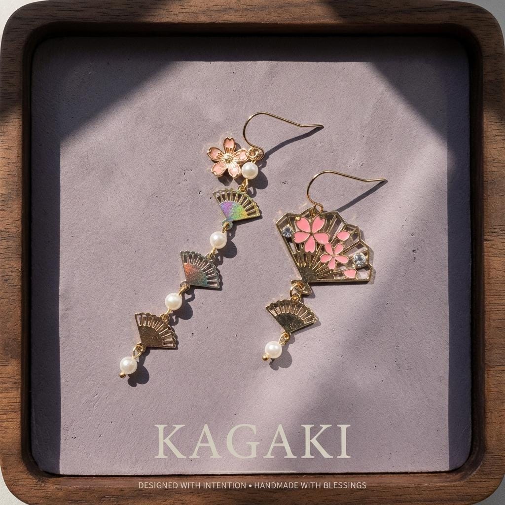 KAGAKI japanese fan sakura pearl earrings in pink sakura with pearl, flat lay, for daily wear and gifting