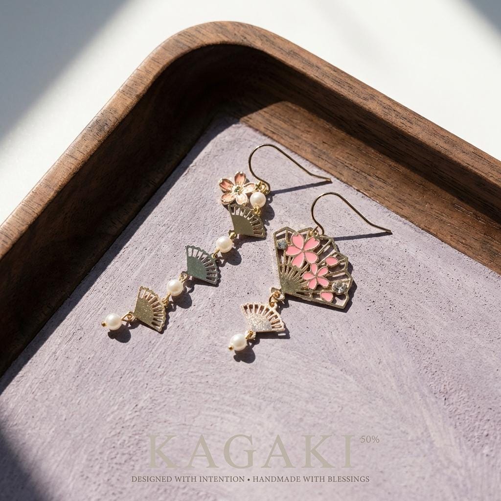 KAGAKI japanese fan sakura pearl earrings in pink sakura with pearl, gift packaging, for daily wear and gifting