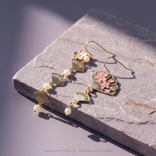 KAGAKI japanese fan sakura pearl earrings in pink sakura with pearl, main, for daily wear and gifting