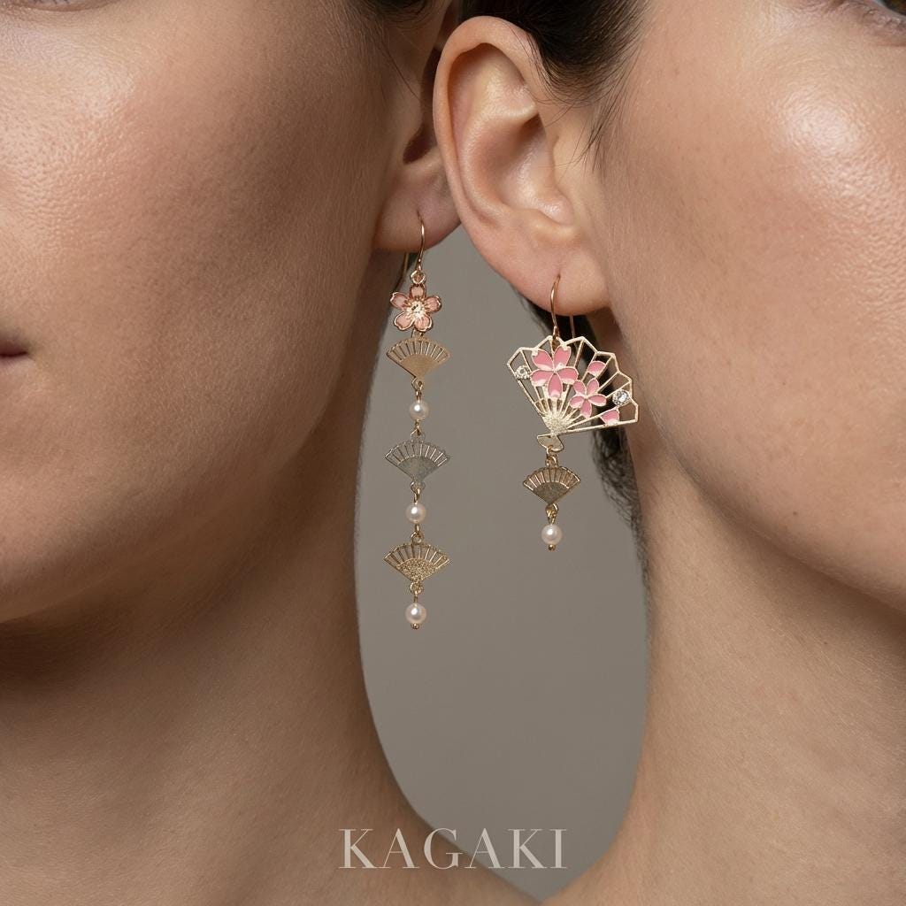 KAGAKI japanese fan sakura pearl earrings in pink sakura with pearl, material detail, for daily wear and gifting