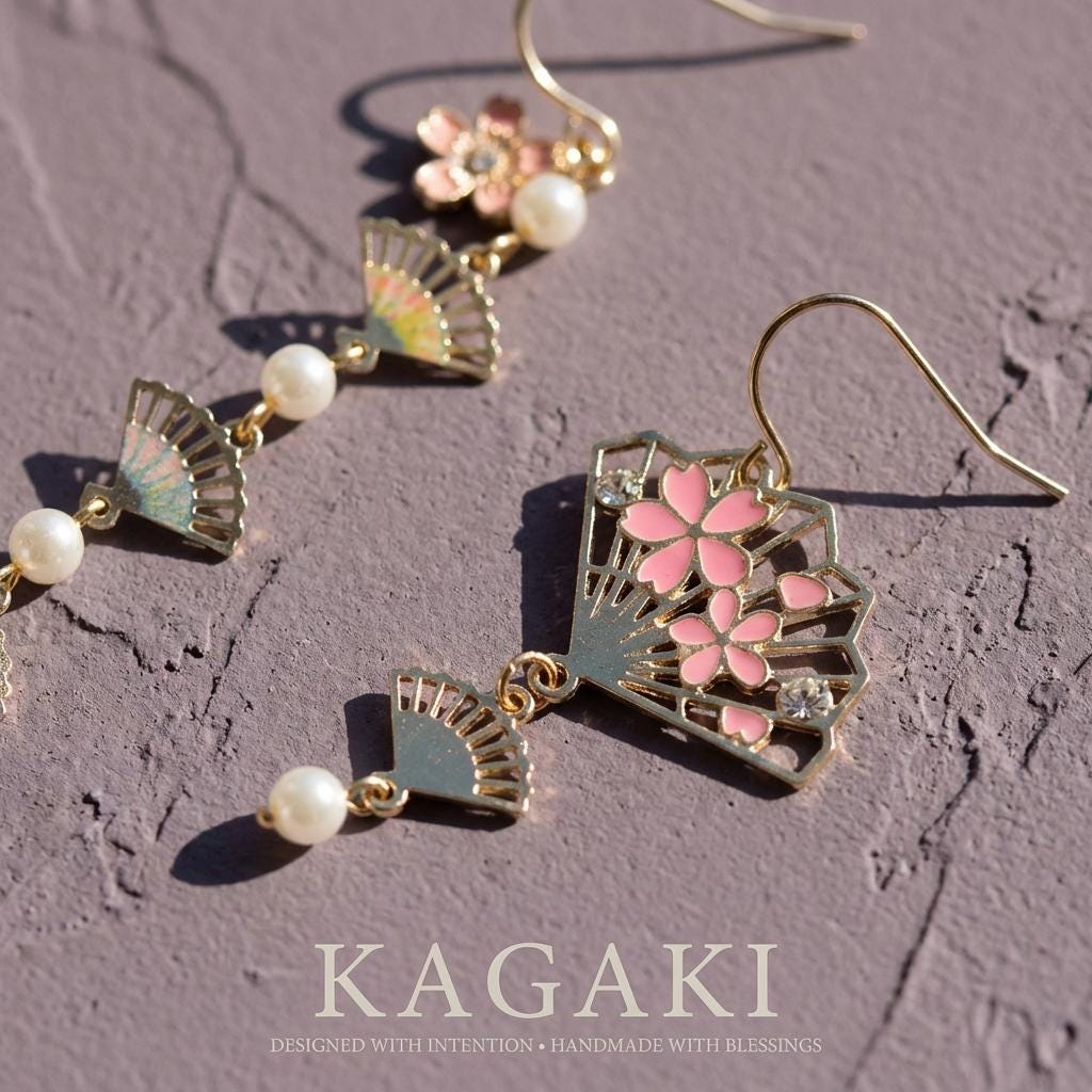 KAGAKI japanese fan sakura pearl earrings in pink sakura with pearl, on ear, for daily wear and gifting