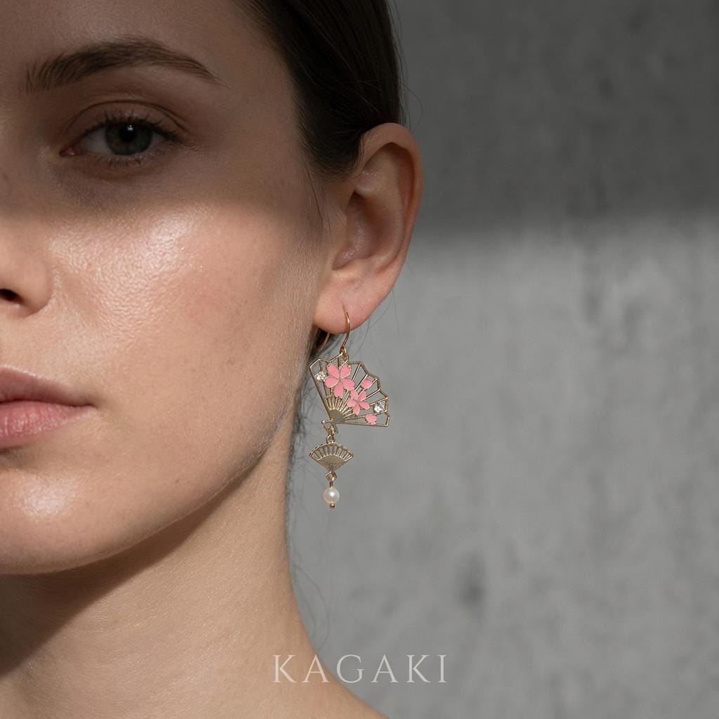 KAGAKI japanese fan sakura pearl earrings in pink sakura with pearl, profile view, for daily wear and gifting