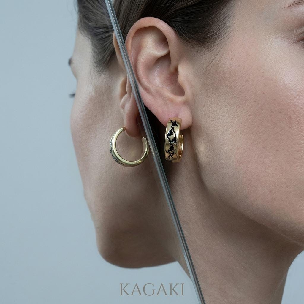 KAGAKI japanese landscape hoop earrings in minimal monochrome, on ear, for daily wear and gifting