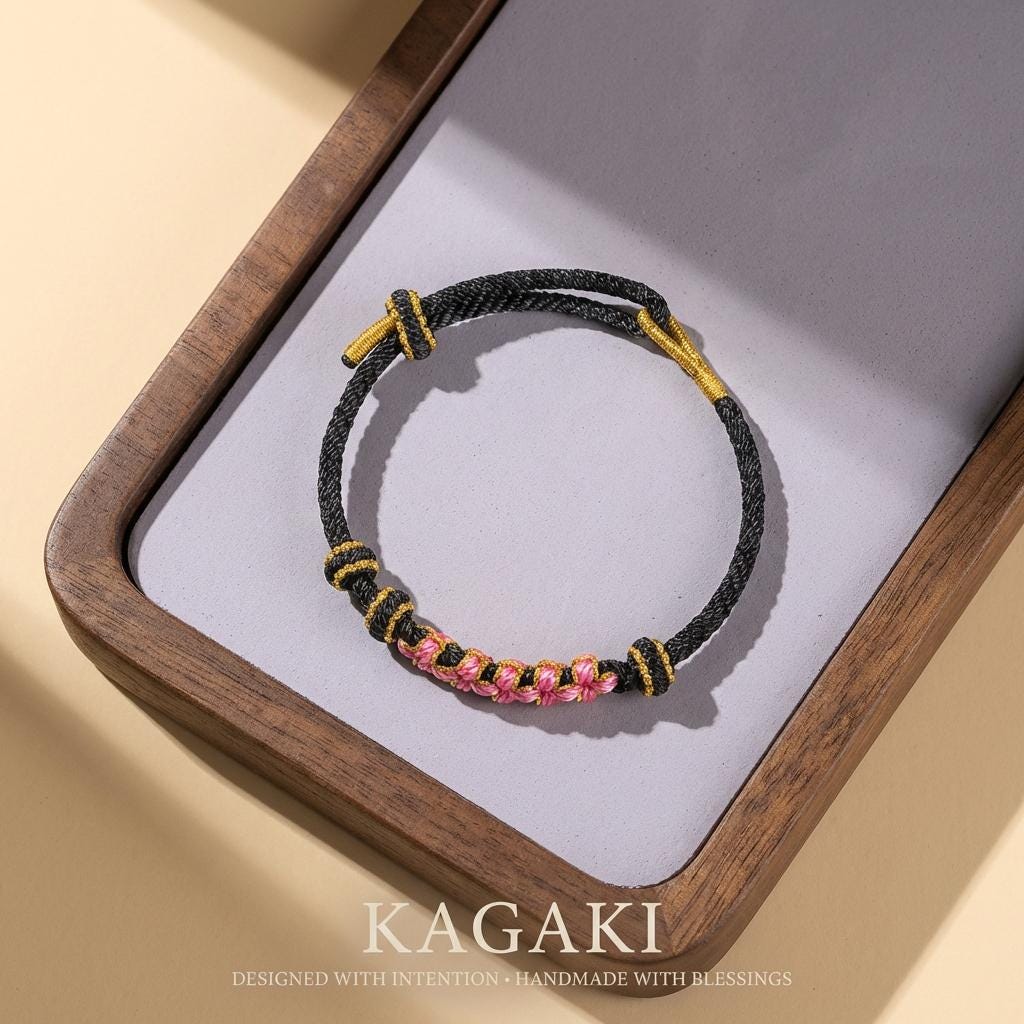 KAGAKI Japanese sakura-knot bracelet in lavender pink handwoven cord, alternate angle styling view, for renewal and gentle daily intention