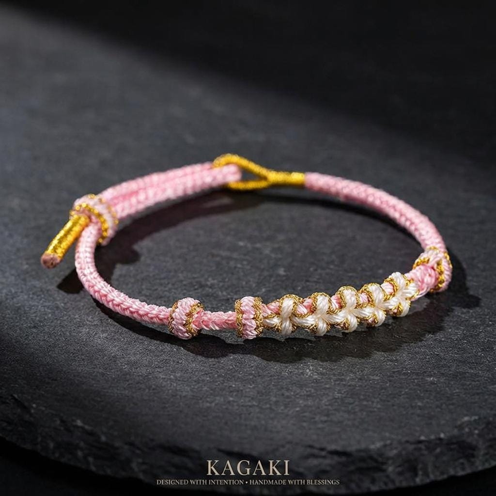 KAGAKI Japanese sakura-knot bracelet in lavender pink handwoven cord, top-down editorial flat-lay view, for renewal and gentle daily intention