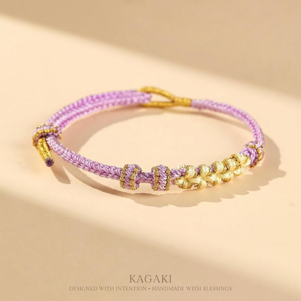 KAGAKI Japanese sakura-knot bracelet in lavender pink handwoven cord, handmade gift packaging presentation, for renewal and gentle daily intention