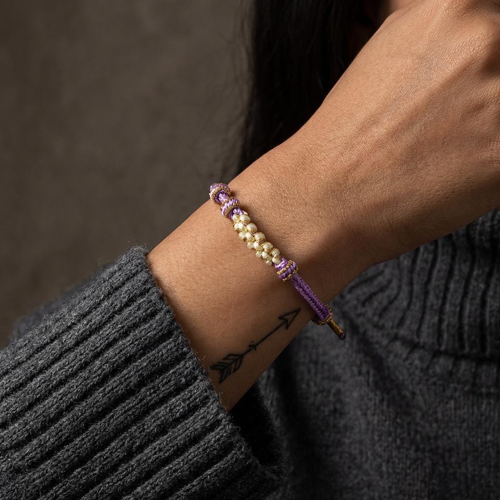 KAGAKI Japanese sakura-knot bracelet in lavender pink handwoven cord, close-up handwoven knot detail, for renewal and gentle daily intention