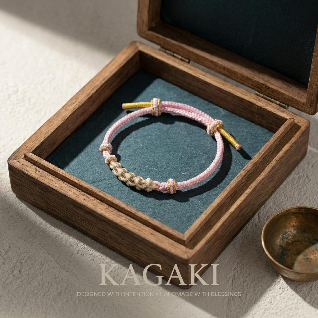 KAGAKI Japanese sakura-knot bracelet in lavender pink handwoven cord, lifestyle on-wrist styling shot, for renewal and gentle daily intention