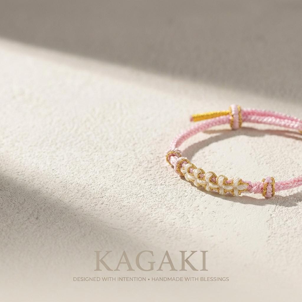 KAGAKI Japanese sakura-knot bracelet in lavender pink handwoven cord, packaging close-up detail, for renewal and gentle daily intention