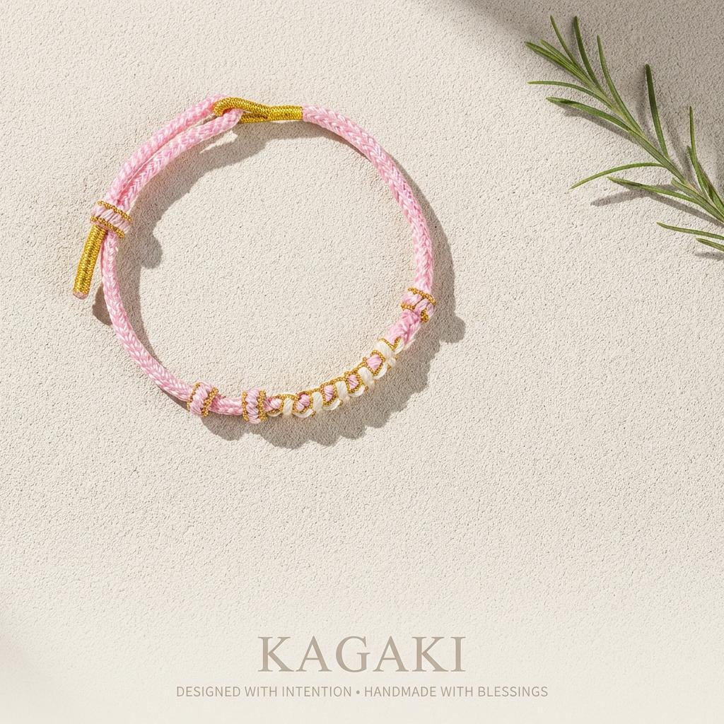 KAGAKI Japanese sakura-knot bracelet in lavender pink handwoven cord, scale reference shown on hand, for renewal and gentle daily intention