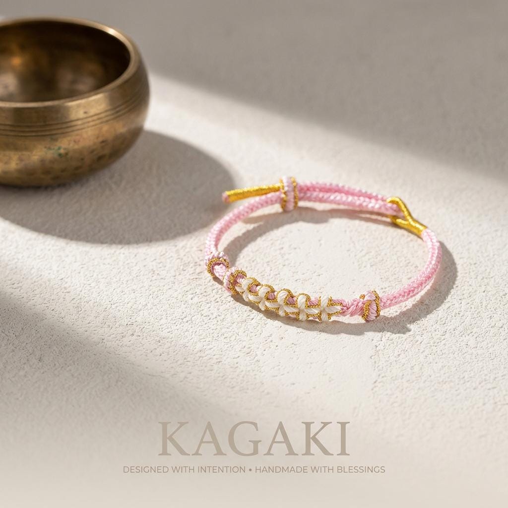 KAGAKI Japanese sakura-knot bracelet in lavender pink handwoven cord, color variation showcase, for renewal and gentle daily intention