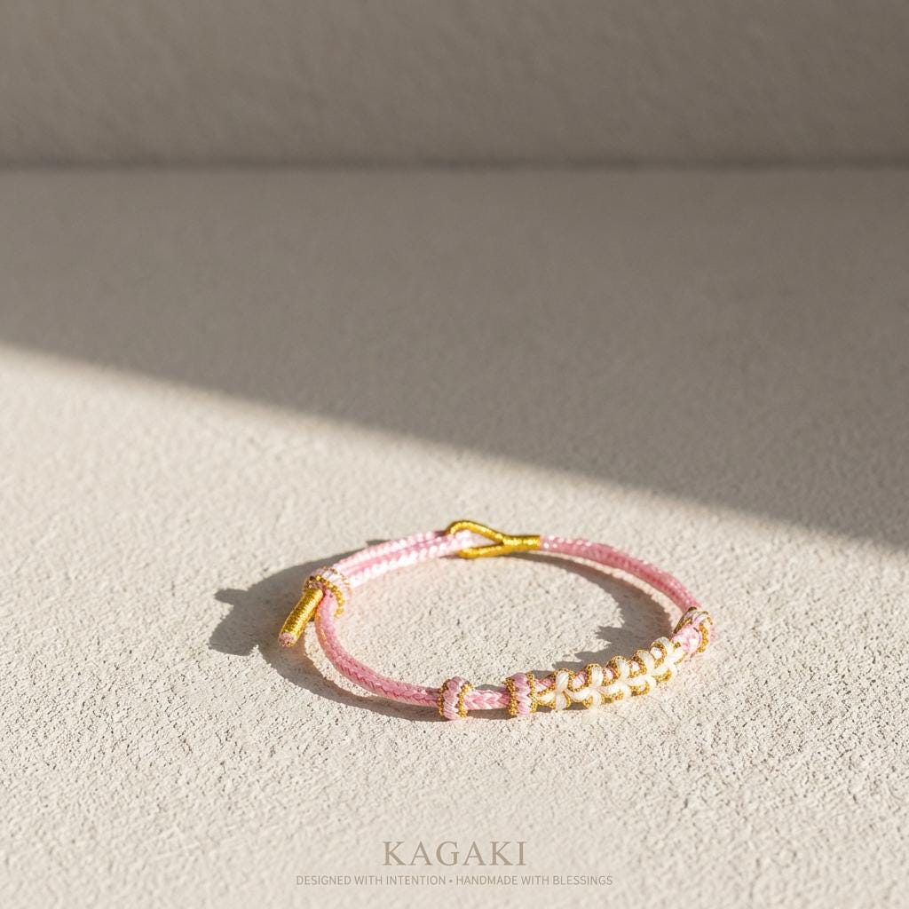 KAGAKI Japanese sakura-knot bracelet in lavender pink handwoven cord, cord weave texture detail, for renewal and gentle daily intention