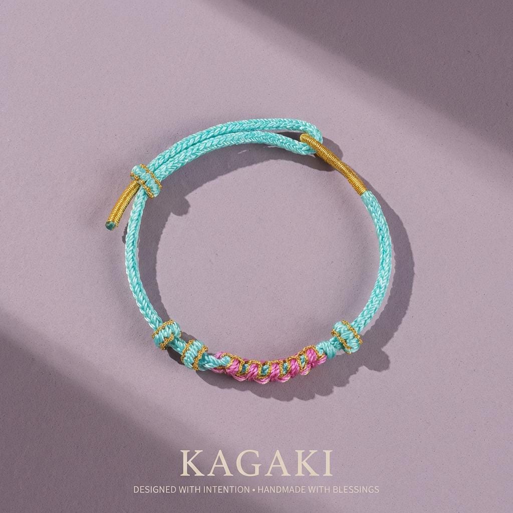 KAGAKI japanese sakura knot cord bracelet in verdant green and celestial blue, alternate angle, for meditation and daily intention