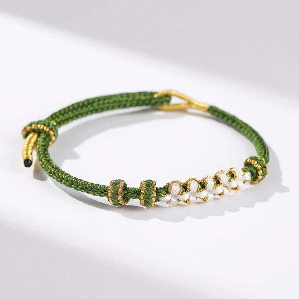 KAGAKI japanese sakura knot cord bracelet in verdant green and celestial blue, flat lay, for meditation and daily intention