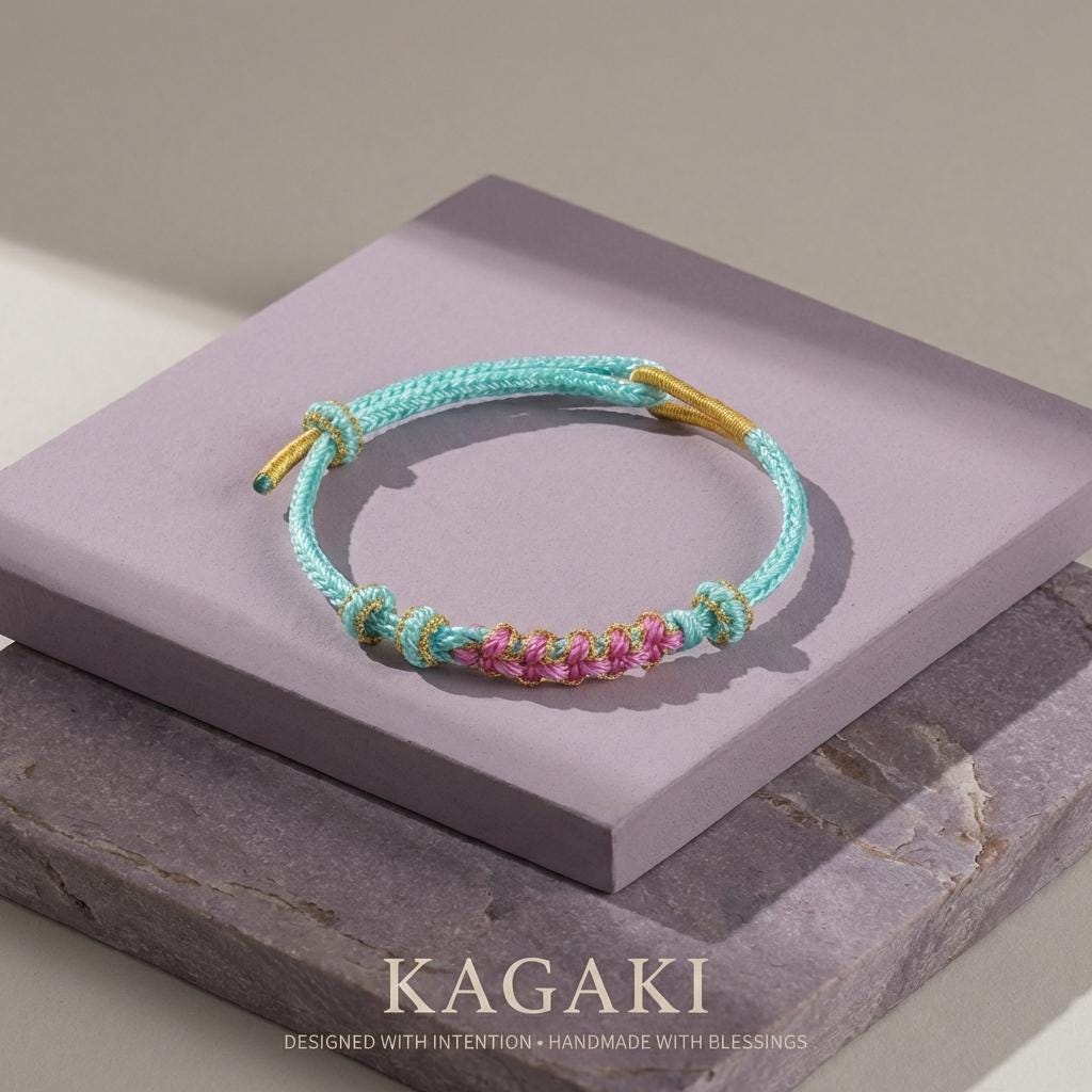 KAGAKI japanese sakura knot cord bracelet in verdant green and celestial blue, gift packaging, for meditation and daily intention