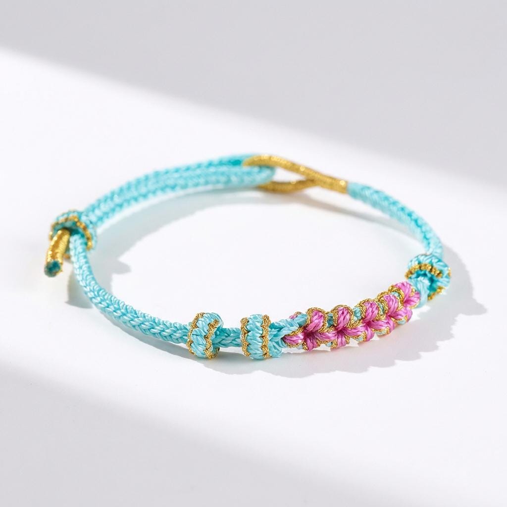 KAGAKI japanese sakura knot cord bracelet in verdant green and celestial blue, knot detail, for meditation and daily intention