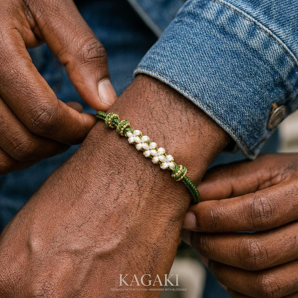 KAGAKI japanese sakura knot cord bracelet in verdant green and celestial blue, main, for meditation and daily intention