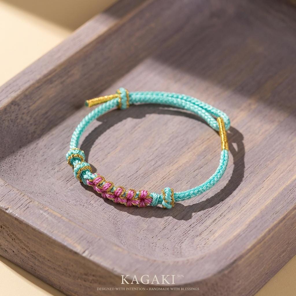 KAGAKI japanese sakura knot cord bracelet in verdant green and celestial blue, on wrist, for meditation and daily intention