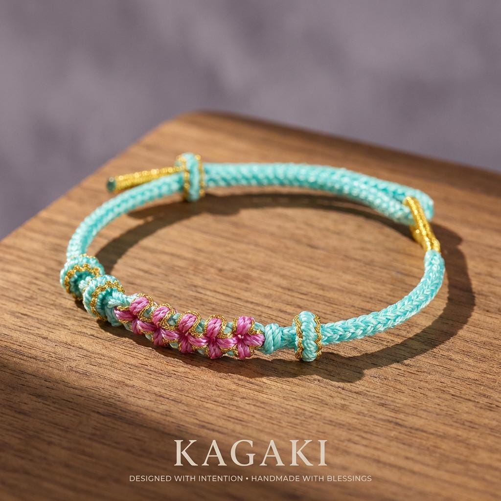 KAGAKI japanese sakura knot cord bracelet in verdant green and celestial blue, scale on hand, for meditation and daily intention