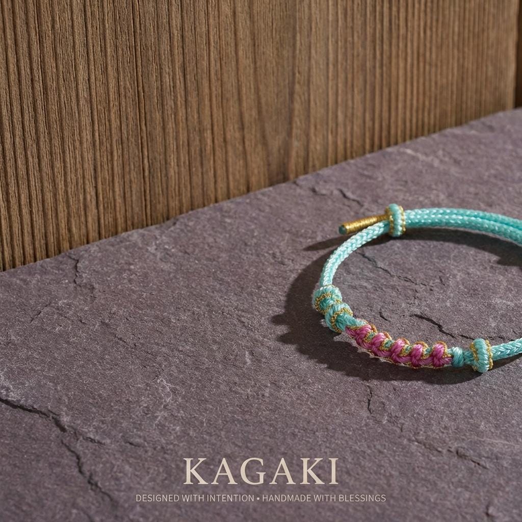 KAGAKI japanese sakura knot cord bracelet in verdant green and celestial blue, variation showcase, for meditation and daily intention