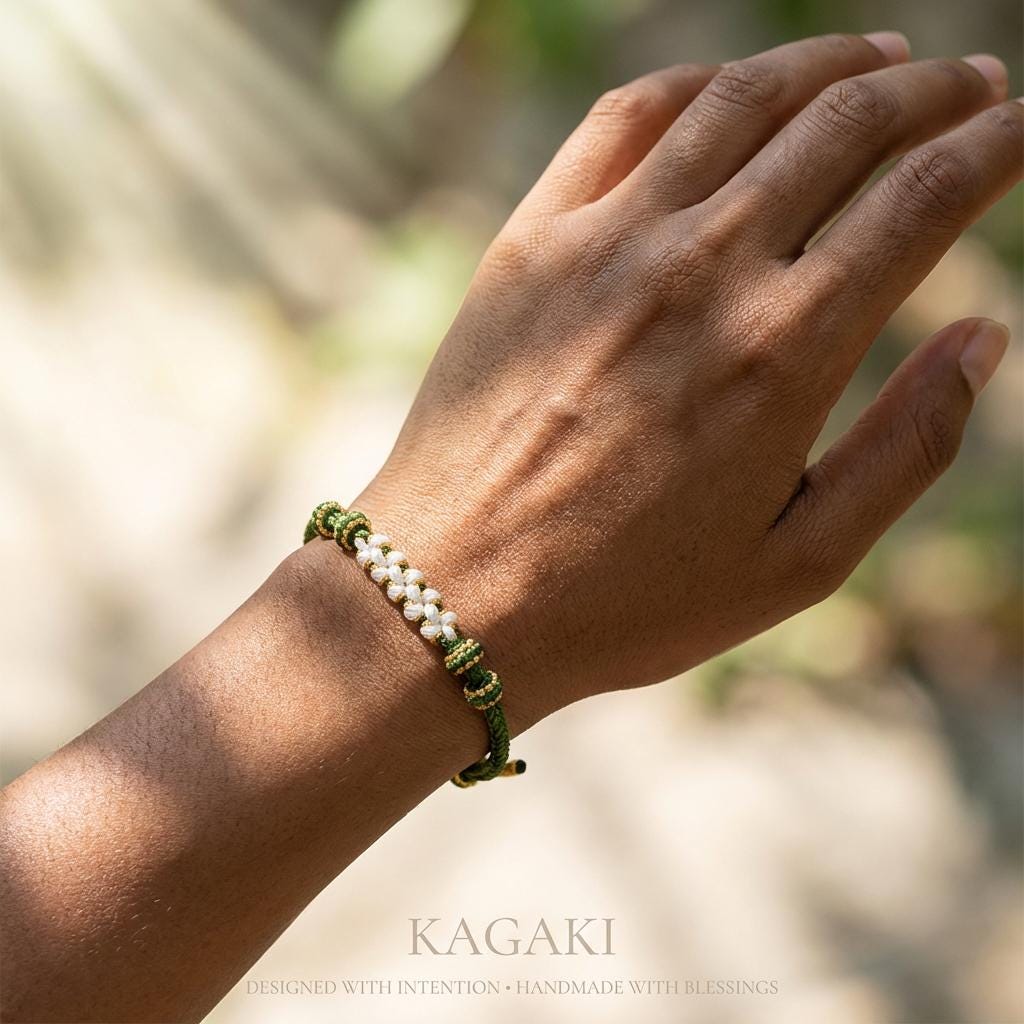 KAGAKI japanese sakura knot cord bracelet in verdant green and celestial blue, weave detail, for meditation and daily intention