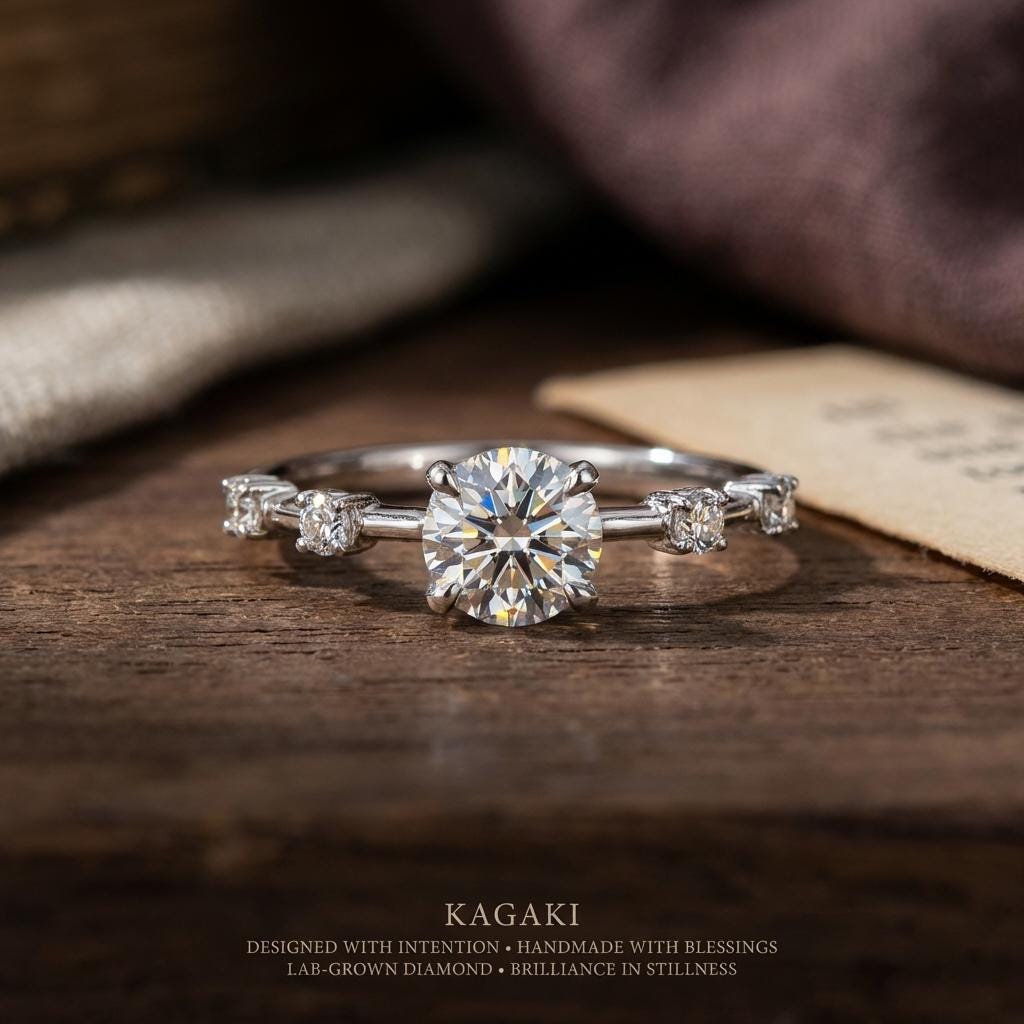 KAGAKI lab grown diamond promise ring in rhodium silver with lab-grown diamond, flat lay, for daily wear and gifting