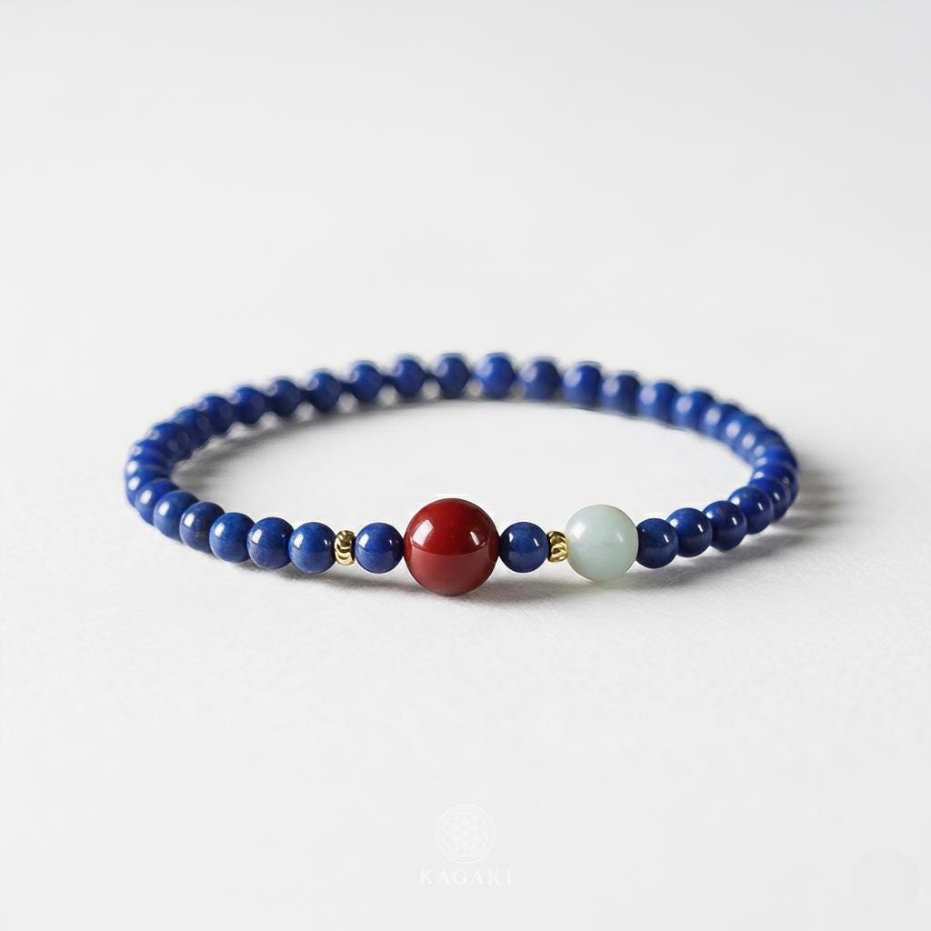 KAGAKI lapis lazuli beaded bracelet in deep blue lapis with red agate and white jade, alternate angle, for meditation and daily intention